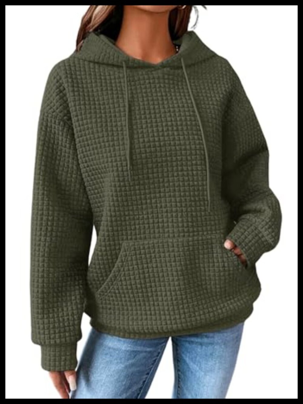 Waffle Knit Hooded Sweatshirt Oversized Pullover with Pocket